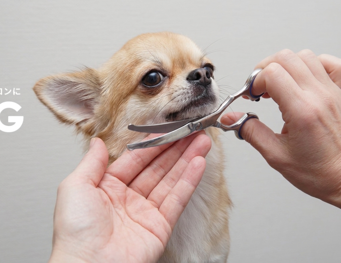 トリマーに顔まわりを丁寧に整えてもらう小型犬