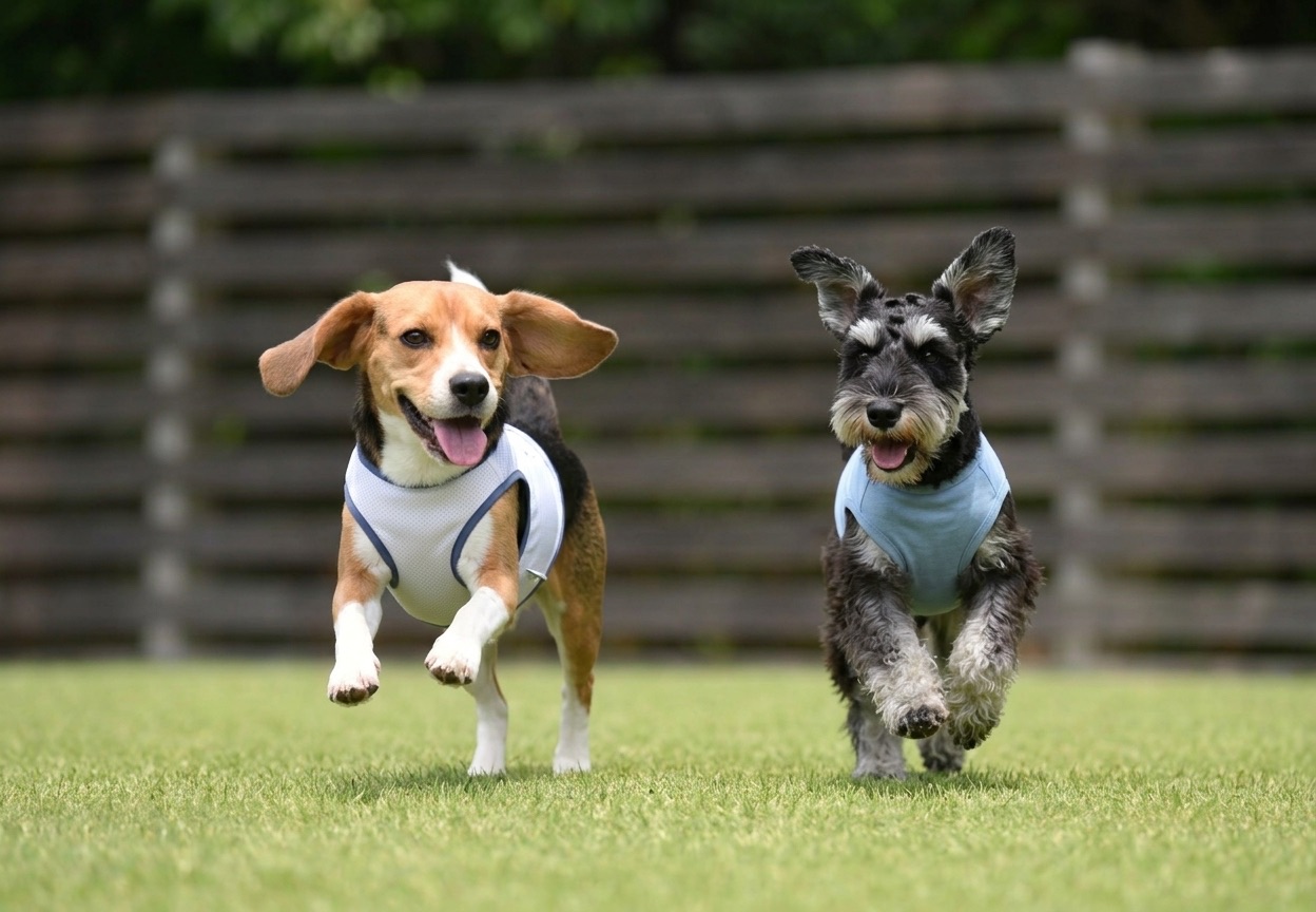 芝生の上を楽しそうに走る2匹の犬